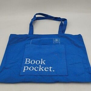 Book of The Month Tote Bag Womens Medium Blue Canvas Book Pocket Shopper